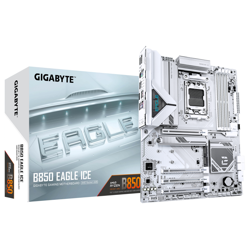 Placa de Baza GIGABYTE B850 EAGLE ICE AM5, 4x DDR5, 1x DP 1x HDMI, 1x PCIE 5.0 x16 1x PCIE 4.0 x16 2x PCIE 3.0 x16, 3x M.2, 4x SATA 6GB/s, ATX (B850 EAGLE ICE)
