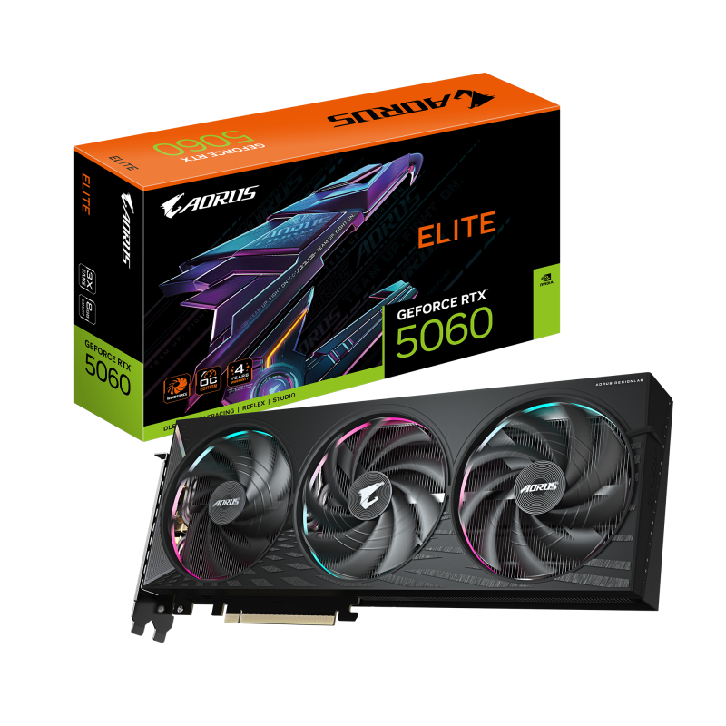 Placa Video GIGABYTE AORUS GEFORCE RTX 5060 ELITE 8GB GDDR7 128 bit, PCIE 5.0, 3x DP 1x HDMI (GV-N5060AORUS E-8GD)