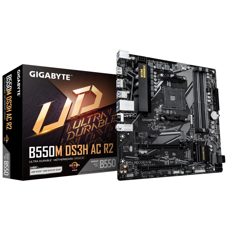 Placa de Baza GIGABYTE B550M DS3H AC R2 AM4, 4x DDR4, 1x DP 1x HDMI, 1x PCIE 4.0 x16 1x PCIE 3.0 x16 1x PCIE 3.0 x1, 2x M.2, 4x SATA 6GB/s, mATX (B550M DS3H AC R2)