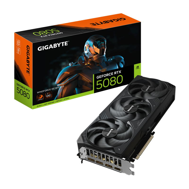 Placa Video GIGABYTE GEFORCE RTX 5080 WINDFORCE OC SFF 16GB GDDR7 256 bit, 3x DP 1x HDMI (GV-N5080WF3OC-16GD)