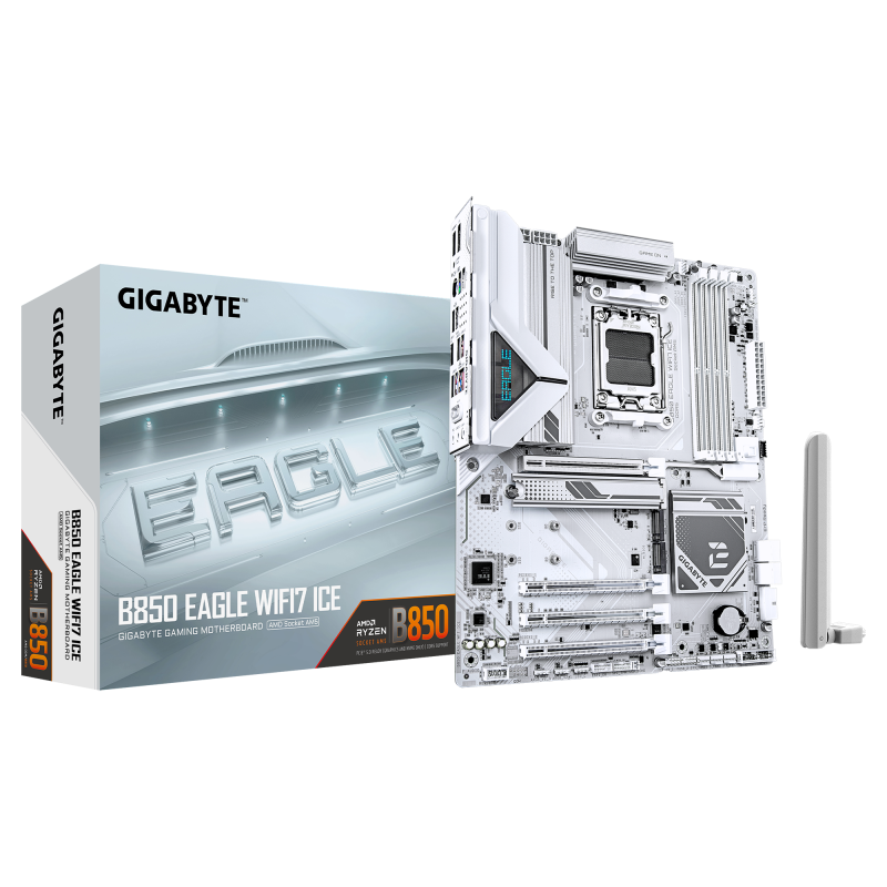 Placa de Baza GIGABYTE B850 EAGLE WIFI7 ICE AM5, 4x DDR5, 1x DP 1x HDMI, 1x PCIE 5.0 x16 1x PCIE 4.0 x16 2x PCIE 3.0 x16, 3x M.2, 4x SATA 6GB/s, ATX (B850 EAGLE WF7 ICE)