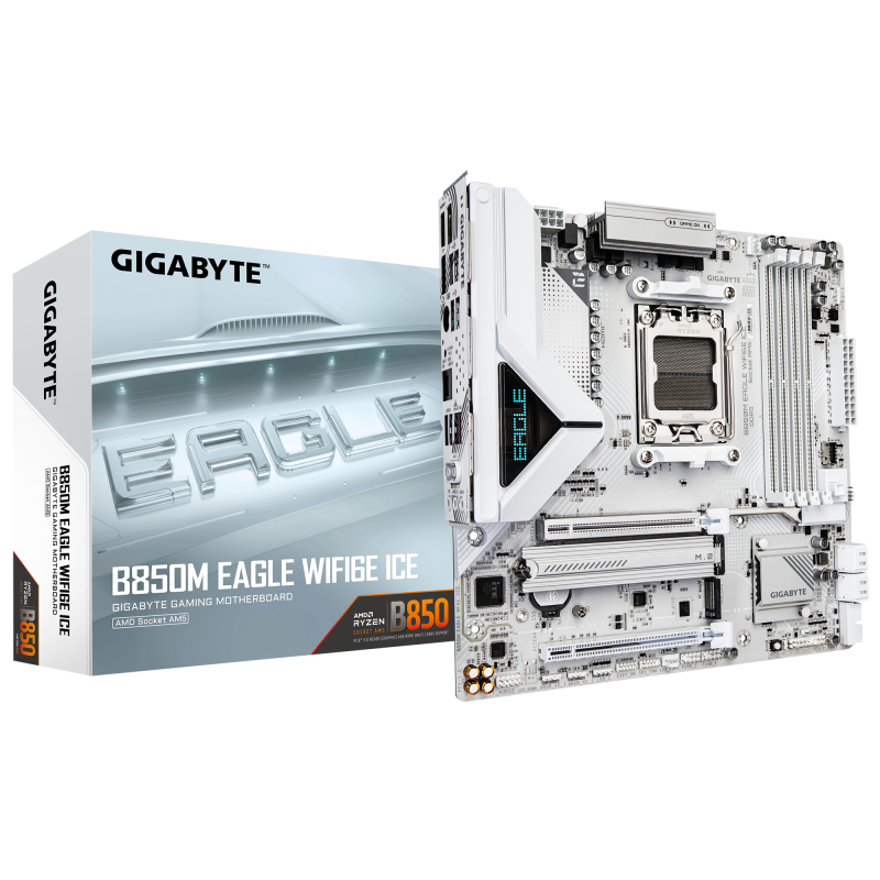 Placa de Baza GIGABYTE B850M EAGLE WIFI6E ICE AM5, 4x DDR5, 1x HDMI 2x DP, 1x PCIE 5.0 x16 1x PCIE 3.0 x16, 2x M.2, 4x SATA 6GB/s, mATX (B850M EAGLE WF6E ICE)