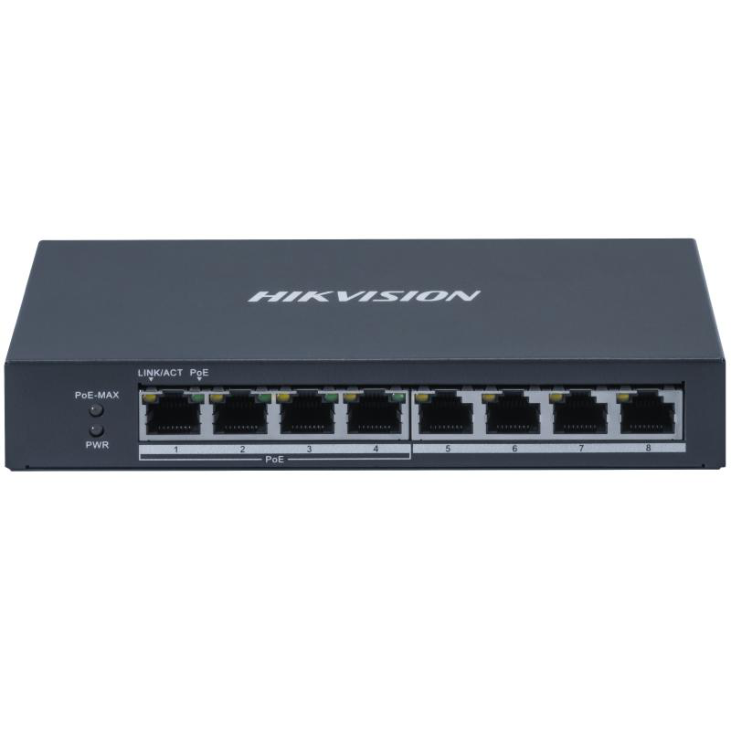 Switch PoE Hikvision DS-3E0508P-O: 4 × Gigabit PoE port, 4 × Gigabit RJ45 port, PoE: Ports 1 to 4 maxim 30W, buget PoE 60W, tensiune alimentare 1 48 VDC, 1.35 A, dimensiuni: 170.0 mm × 27.6 mm × 93.1 mm, greutate: 0.365kg, montare in rack. (DS-3E0508P-O)