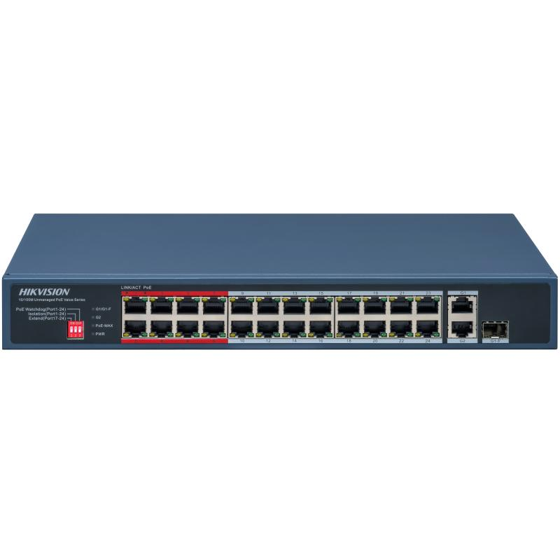 Switch Hikvision DS-3E0326P-E/M(C); 24 Port Fast Ethernet Unmanaged POE Switch Intelligent PoE Management When the power supply exceeds the limit, PoE ports intelligently manage the power supply, which extends the switch lifetime. Up to 300 m Long Range PoE Transmission The distance between IPCs and (DS-3E0326P-E/M(C))