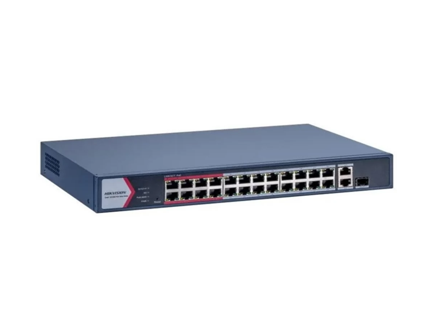 Switch PoE Hikvision DS-3E1326P-EI/M: 24 × 10/100 Mbps PoE port,1 × Gigabit combo,1 × Gigabit RJ45 port, 24 porturi PoE maxim 30W, buget PoE 230W, tensiune alimentara: 100-240 VAC, 50/60 Hz, Max. 4 A, dimensiuni: 335.00 mm × 44.50 mm × 226.00 mm, greutate: 2.13kg. (DS-3E1326P-EI/M)