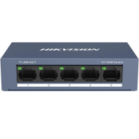 Switch Hikvision DS-3E0105-O: 5 × 10/100 Mbps RJ45 Port, tensiune alimentare 5 VDC, 1A., dimensiuni: 103.05 mm × 25.6 mm × 61.1 mm, greutate: 0.15kg, montare pe birou sau pe perete. (DS-3E0105-O)