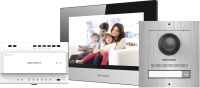Kit videointercom IP Hikvision DS-KIS702/S, contine: DS-KD8003- IME2/Surface ×1, DS-KH6320-WTE2 ×1, DS-KAD704 ×1, DS-KAW30-2N ×1, 16GB TF card x1; caracteristici post exterior: 2MP HD camera, Main stream: 1920 × 1080p, WDR: True WDR, microfon inclus, difuzor inclus, 1 buton, alimentare: 24 VDC (DS-KIS702/S)