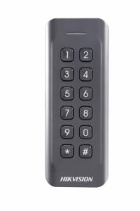 Card reader Hikvision, DS-K1802EK; Reads EM card, with keypad; Card Reading Frequency: 125KHz; Processor: 32-bit; Reading Range: ≤50mm (≤ 1.97"); Supports Wiegand(W27/W35) protocol, Dust-proof, IP 65. (DS-K1802EK)