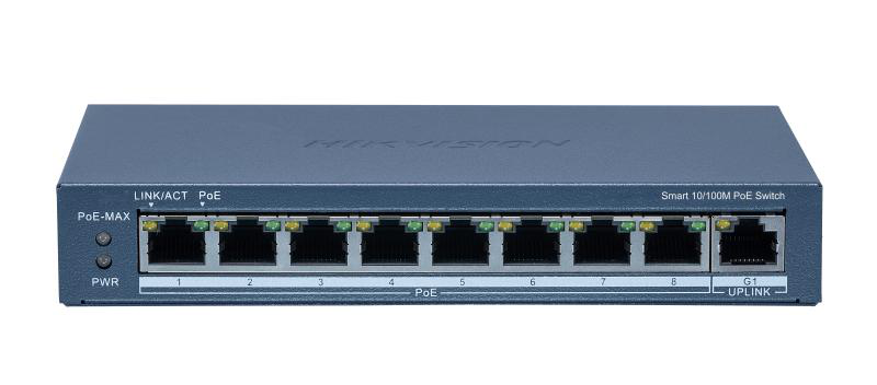 Switch 8 porturi POE Hikvision DS-3E1309P-EI(B), Smart Managed, 8 × 10/100M PoE ports,1 × Gigabit RJ45 port, PoE power budget 110W, maxim 30W per port, distanta transmisie 300 metri in modul extended, Switching capacity 3.6 Gbps, Packet forwarding 2.68 Mpps, material metal, dimensiuni: 170 mm × 27.6 (DS-3E1309P-EI(B))
