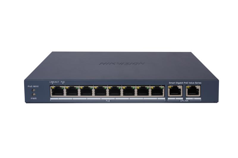 Switch 8 porturi Gigabit, Hikvision DS-3E1510P-EI/M, 8 × gigabit PoE ports, and 2 × Gigabit RJ45, IEEE 802.3af,IEEE 802.3at,  MAC address table: 4 K, PoE power budget 60W (Max. port power 30W), material metal, dimensiuni: 217.6 mm × 27.6 mm × 108.5 mm, greutate: 1.08 kg (DS-3E1510P-EI/M)