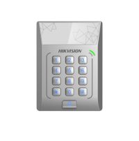 Cititor standalone cu tastatura si card de proximitate Hikvision DS- K1T801E; suporta cartele EM 125Khz; Capacitate 3000 cartele,Autentificare: card sau card si parola; Intrari: buton de iesire x1,contact de usa x 1; Iesiri: sonerie x1, incuietoare electrica x 1;Alimentare: DC 12V/1A; Dimensiuni (DS-K1T801E)