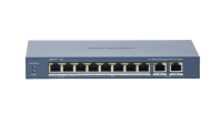 Switch PoE Hikvision DS-3E0310HP-E(C): 8 × 10/100 Mbps PoE port,2 × Gigabit RJ45 port, 16 porturi PoE maxim 30W, buget PoE 130W, tensiune alimentare: 54 VDC, 2.22 A., dimensiuni: 217.6 mm × 27.6 mm × 108.5 mm, greutate: 1.27kg, montare pe birou. (DS-3E0310HP-E(C))