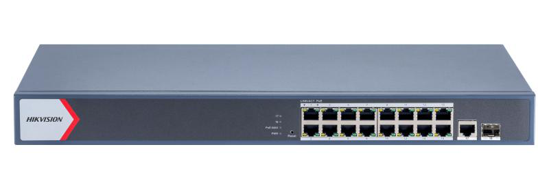 Switch PoE Hikvision DS-3E1518P-EI/M: 16 x gigabit PoE RJ45 ports, 1 × gigabit RJ45 port, 1 x gigabit fiber optical port, 16 porturi PoE maxim 30W, buget PoE 130W, tensiune alimentare 100~240 VAC, 50/60 Hz, Max. 2.5 A, dimensiuni: 440.0 mm × 220.8 mm × 44.0 mm, greutate: 2.7kg, montare in rack. (DS-3E1518P-EI/M)