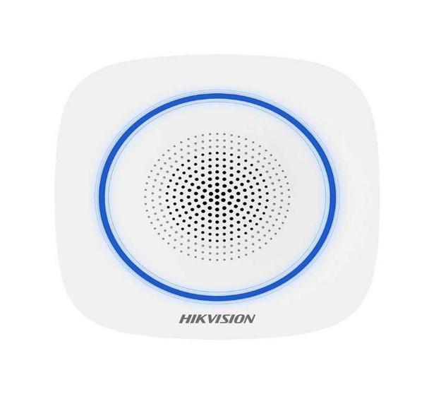 Sirena interior wireless AX PRO Hikvision DS-PS1-II-WE Buzzer Decibel: 90 to 110 dB,  fire alarm, panic alarm, and intrusion alarm, Operation temperature –10°C to 55°C,Four CR123 batteries, Support 12 VDC Power Supply, Power interface 12 VDC,  CAM-X Wireless Technology ,Dimension:130 × 128 × 39.5 (DS-PS1-II-WE)
