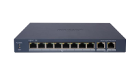 Switch PoE Hikvision DS-3E1510P-EI: 8 × Gigabit PoE port, 2 × Gigabit RJ45 port maxim 30W, buget PoE 110W, tensiune alimentare 54VDC, 2.22A, dimensiuni: 217.6 mm × 27.6 mm × 108.5 mm, greutate: 0.54kg, montare pe birou sau pe perete. (DS-3E1510P-EI)