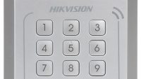 Cititor standalone cu tastatura si card de proximitate Hikvision, DS- K1T801M; suporta cartele MIFARE, Capacitate 3000 cartele, Autentificare: card sau card si parola; Intrari: buton de iesire x1, contact de usa x1; Iesiri: sonerie x1, incuietoare electrica x1; Alimentare: DC 12V/1A; Dimensiuni (DS-K1T801M)