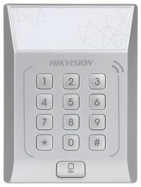 Cititor standalone cu tastatura si card de proximitate Hikvision, DS- K1T801M; suporta cartele MIFARE, Capacitate 3000 cartele, Autentificare: card sau card si parola; Intrari: buton de iesire x1, contact de usa x1; Iesiri: sonerie x1, incuietoare electrica x1; Alimentare: DC 12V/1A; Dimensiuni (DS-K1T801M)