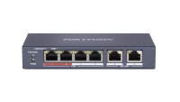 Switch Hikvision DS-3E0106P-E-M, Switching capacity 1.6 Gbps, 4 x 10/100Mbps PoE ports, and and 2 × 10/100Mbps RJ45 ports, MAC address table 4 K, PoE power budget 35 W, Internal cache 768 Kbits, 6 KV surge protection for PoE ports, Up to 300 m long-range transmission, dimensiuni: 145 mm × 68.45 mm × (DS-3E0106P-E-M)