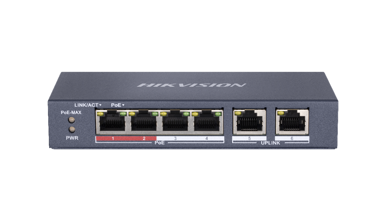 Switch Hikvision DS-3E0106P-E-M, Switching capacity 1.6 Gbps, 4 x 10/100Mbps PoE ports, and and 2 × 10/100Mbps RJ45 ports, MAC address table 4 K, PoE power budget 35 W, Internal cache 768 Kbits, 6 KV surge protection for PoE ports, Up to 300 m long-range transmission, dimensiuni: 145 mm × 68.45 mm × (DS-3E0106P-E-M)