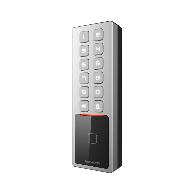 Cititor de proximitate cu tastatura Hikvision DS-K1T805MBWX, M1 card, RS-485 and Wiegand (W26, W34), network interface, Wi-Fi, alimentare: 12 VDC/1 A, protectie: IP65, IK08, dimensiunii: 57.7 mm × 177 mm × 34.6 mm. (DS-K1T805MBWX)