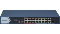 Switch PoE Hikvision DS-3E0318P-E/M(C): 16 × 10/100 Mbps PoE port,1× Gigabit RJ45 port,1 × Gigabit combo, 16 porturi PoE maxim 30W, buget PoE 130W, tensiune alimentare 100~240 V AC, 50/60 Hz, Max. 2.5 A., dimensiuni: 335.0 mm × 44.5 mm × 175.8 mm, greutate: 1.8kg, montare pe birou sau pe perete. (DS-3E0318P-E/M(C))