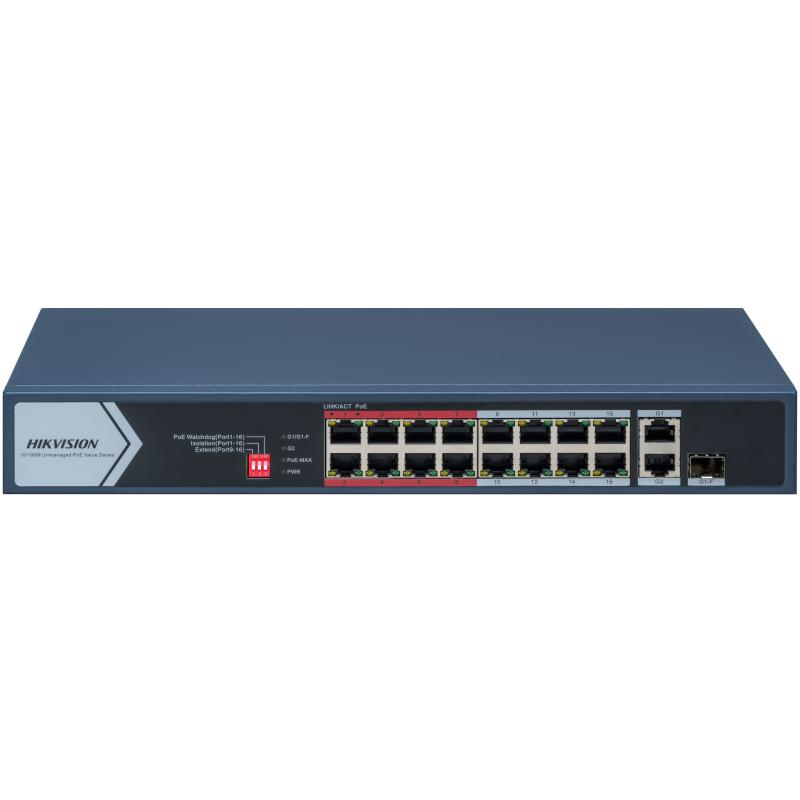 Switch PoE Hikvision DS-3E0318P-E/M(C): 16 × 10/100 Mbps PoE port,1× Gigabit RJ45 port,1 × Gigabit combo, 16 porturi PoE maxim 30W, buget PoE 130W, tensiune alimentare 100~240 V AC, 50/60 Hz, Max. 2.5 A., dimensiuni: 335.0 mm × 44.5 mm × 175.8 mm, greutate: 1.8kg, montare pe birou sau pe perete. (DS-3E0318P-E/M(C))