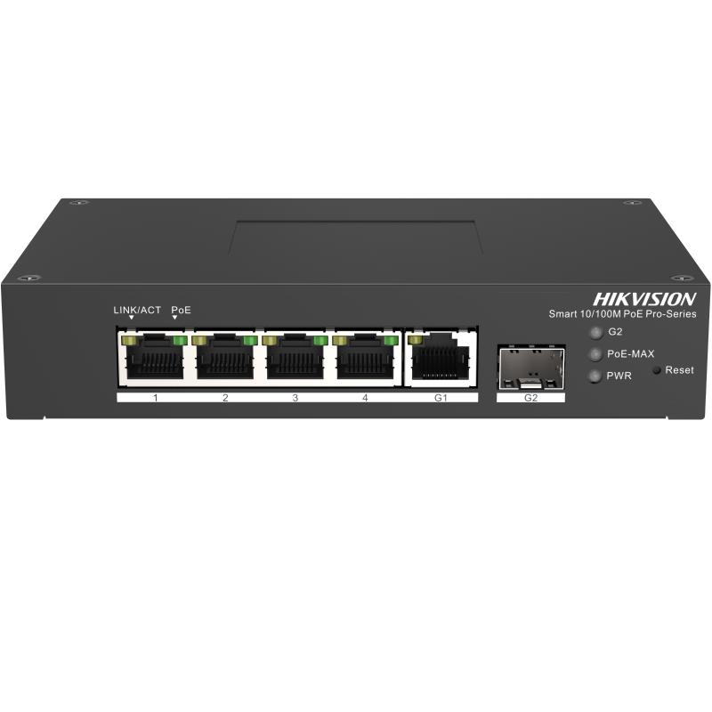 Switch PoE Hikvision DS-3T1306P-SI/HS: 4 × 10/100 Mbps PoE port,1 × Gigabit RJ45 port,1 × Gigabit fiber optical port, PoE: Ports 1 to 4 maxim 30W, buget PoE 60W, tensiune alimentare: 48VDC, 1.36A, dimensiuni: 158.00 mm × 101.20 mm × 31.60 mm, greutate: 1kg, montare pe birou sau sina. (DS-3T1306P-SI/HS)