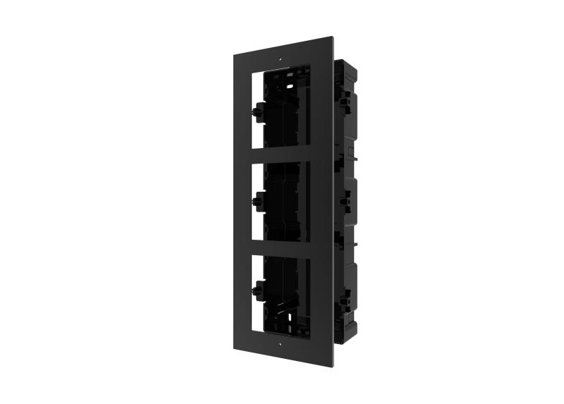 Panou frontal pentru 3 module videointerfon modular Hikvision DS-KD- ACF3; permite conectarea a 3 module de videointerfon modular; montareincastrata; material aluminiu, doza de plastic inclusa; dimensiuni:337.8mm x 124mm × 4mm; culoare: negru. (DS-KD-ACF3/BK)