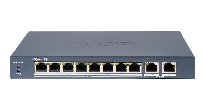 Switch PoE Hikvision DS-3E0310P-E/M(B): 8 × 10/100 Mbps PoE port, and 2 × Gigabit RJ45 port, PoE standard: IEEE 802.3af;IEEE 802.3at, 8 porturi PoE maxim 30W, buget PoE 80W, tensiune alimentare: 54VDC, 1.2A, dimensiuni: 217.60 mm × 27.60 mm × 108.50 mm, greutate: 0.555kg, montare pe birou sau pe (DS-3E0310P-E/M(B))