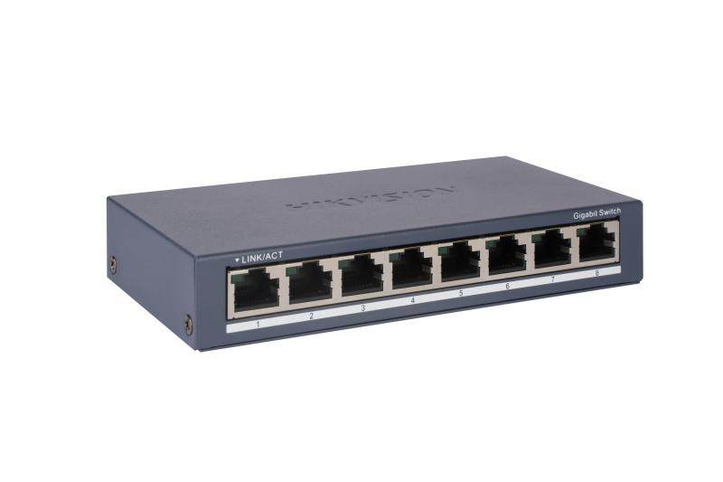 Switch Hikvision DS-3E0508-O: 8 × Gigabit RJ45 port maxim 3W, tensiune alimentare: 5VDC, 0.6A, dimensiuni: 145.00 mm × 25.60 mm × 68.45 mm, greutate: 0.24kg, montare pe birou sau pe perete. (DS-3E0508-O)