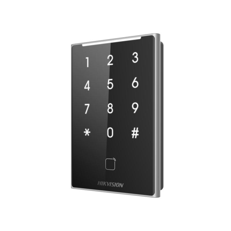 Cititor de proximitate cu tastatura Hikvision DS-K1109DKB, DESfire card, Felica card and M1 card, RS-485 and Wiegand (W26, W34), alimentare: 12 VDC, protectie: IP65, dimensiunii: 125 mm × 84.5 mm × 18 mm, montare aparenta. (DS-K1109DKB)