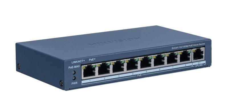 Switch PoE Hikvision DS-3E1309P-EI/M: 8 × 10/100 Mbps PoE port, 1 × Gigabit RJ45 port, 8 porturi PoE maxim 30W, buget PoE 60W, tensiune alimentare: 48 VDC, 2.5 A, dimensiuni: 170.00 mm × 27.60 mm × 93.10 mm, greutate: 0.350g, montare pe birou sau pe perete. (DS-3E1309P-EI/M)