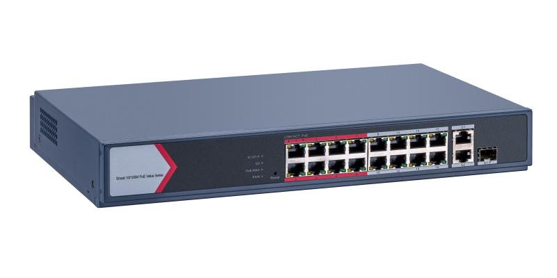 Switch PoE Hikvision DS-3E1318P-EI/M: 16 × 10/100 Mbps PoE port,1 × Gigabit combo,1 × Gigabit RJ45 port, 16 porturi PoE maxim 30W, buget PoE 130W, tensiune alimentare 100~240 V AC, 50/60 Hz, Max. 2.5 A., dimensiuni: 335.0 mm × 44.5 mm × 226.00 mm, greutate: 1.8kg. (DS-3E1318P-EI/M)