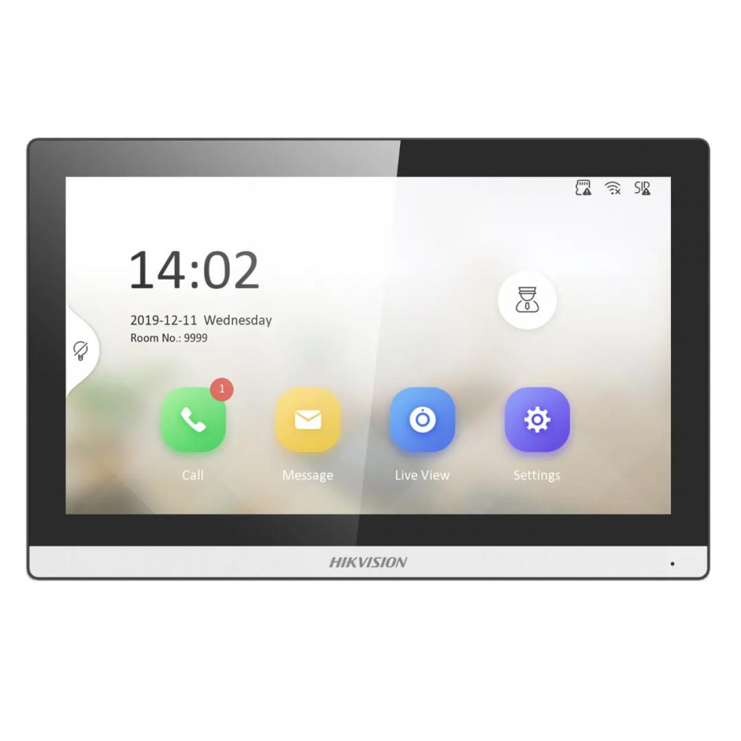 Monitor videointerfon modular 7" color Hikvision DS-KH6350-WTE1; ecran LCD 7" color cu touch screeen, rezolutie ecran 1024 × 600; design modern; Conectivitate: 10/100 Mbps self adaptive network ; TCP/IP, SIP, RTSP; Comunicare audio video bidirectionala; memorare poze si mesaje pe card( nu este (DS-KH6350-WTE1)