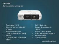 PROJECTOR EPSON EB-FH08, Tehnologie 3LCD, Luminozitate; 3600 Lumeni, Rezolutie: FullHD 1080p, Aspect 16:9, Sursa lumina: Lampa, Durata de viata lampa: 6.000h, 12.000h eco mode, Contrast: 16.000:1, Refresh rate: 192 Hz - 240 Hz, Interfata; USB 2.0 Type B (Service Only), HDMI in (2x), Jack plug out (V11HB54040)