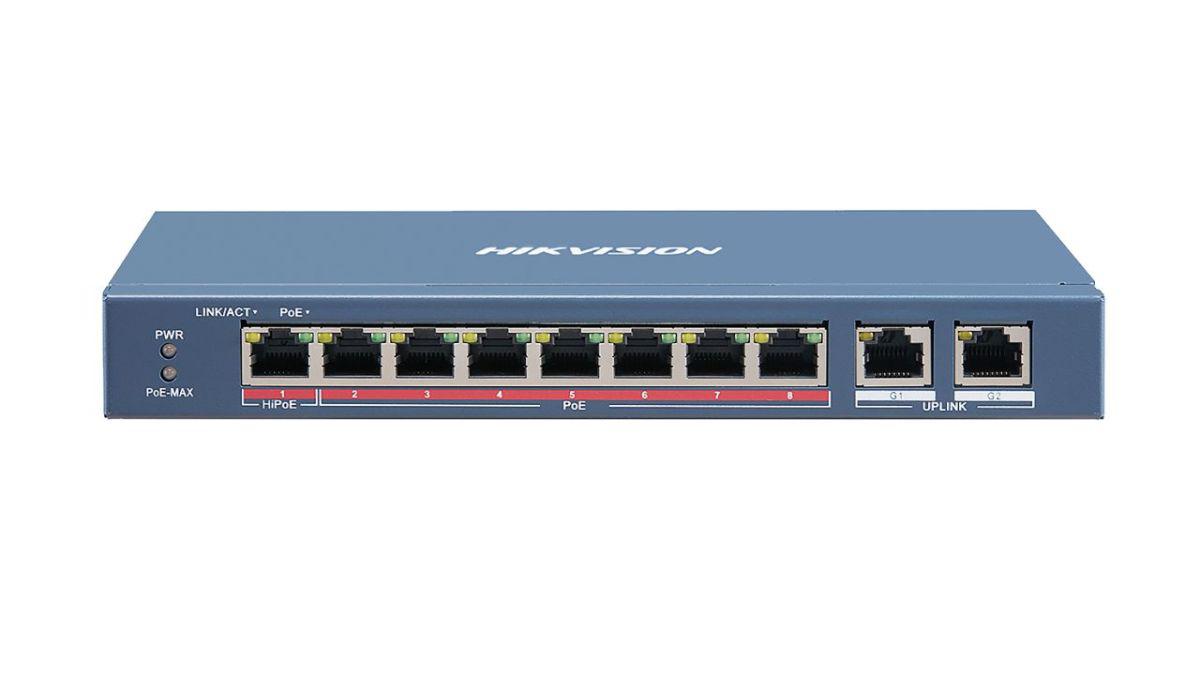 Switch 8 porturi PoE Hikvision DS-3E1310HP-EI prezinta 1 × 10/100 Mbps Hi-PoE port, 7 × 10/100 Mbps PoE ports, and 2 × 10/100/1000 Mbps RJ45 ports, Up to 300 m Long Range PoE Transmission,IEEE 802.3bt standard Hi- PoE port provides max. 90 W power supply for high power devices such as domes or other (DS-3E1310HP-EI)