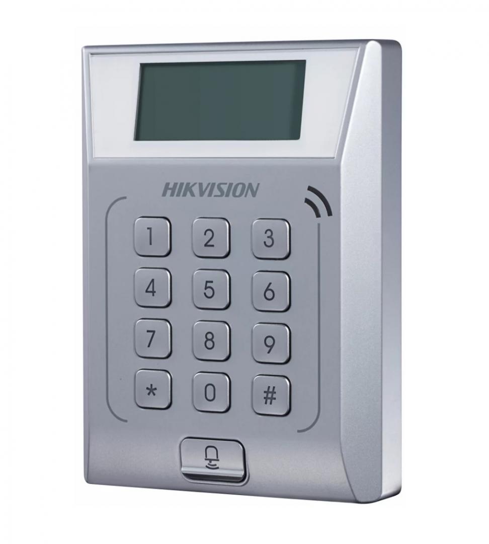 Cititor standalone cu tastatura si card proximitate Hkvision DS-K1T802M, suporta cartele MIFAE, capacitate 3000 carduri si 10000 evenimente, autentificare: card, card si  parola,display 128x64, Exit Button × 1, Door Sensor × 1, Doorbell × 1, E-lock Output × 1 (DS-K1T802M)