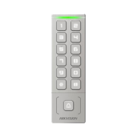 Cititor de proximitate cu tastatura Hikvision DS-K1T809MWX, card sau PIN, maxim 5000 carduri si 1000 useri, cititor pentru carduri M1 incorporat, Wiegand out, supports Wiegand 26/34, alimentare: 12 VDC, 1 A,  protectie: IP65, dimensiunii: 151 mm × 48 mm × 21.5 mm, montare aparenta. (DS-K1T809MWX)