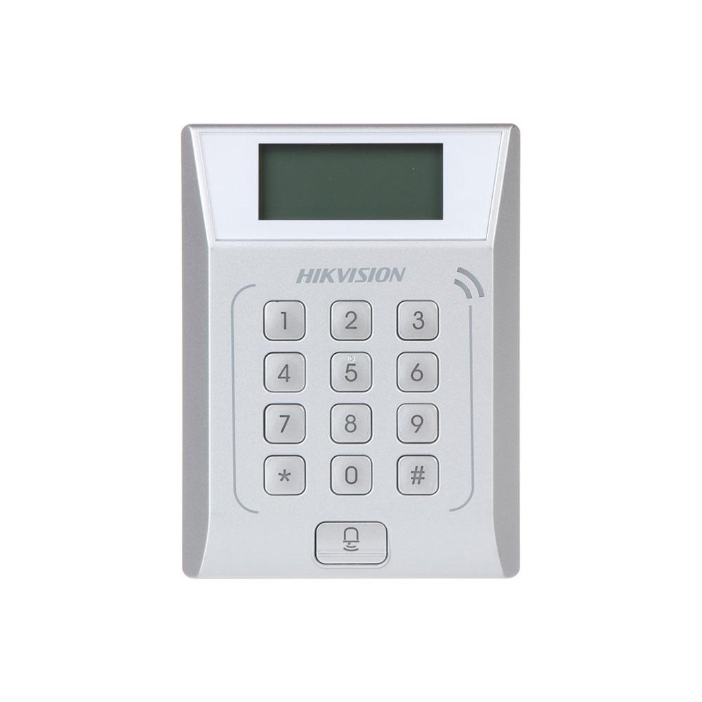 Cititor standalone cu tastatura si card proximitate Hkvision DS-K1T802E, suporta cartele EM 125Khz, capacitate 3000 carduri si 10000 evenimente, autentificare: card, card si  parola,display 128x64, Exit Button × 1, Door Sensor × 1, Doorbell × 1, E-lock Output × 1 (DS-K1T802E)