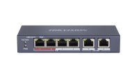 Switch PoE Hikvision DS-3E0106P-E/M(B): 4 x 10/100Mbps PoE port, and 2 × 10/100Mbps RJ45 port, 4 porturi PoE maxim 30W, buget PoE 35W, tensiune alimentare 48 VDC, 0.8 A, dimensiuni: 145 mm × 68.45 mm × 25.6 mm, greutate: 0.27kg, montare pe birou sau pe perete. (DS-3E0106P-E/M(B))