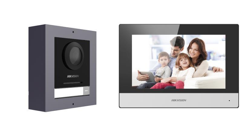 Kit videointercom IP Hikvision DS-KIS602(B), contine: DS-KD8003- IME1(B)/Surface × 1, DS-KH6320-WTE1 × 1, 4-port standard PoE switch × 1, 16 GB TF card × 1, caracteristici post exterior: 2MP HD camera, IR: 3m, WDR, microfon inclus, difuzor inclus, 1 buton, alimentare: IEEE802.3af, standard PoE, 12 (DS-KIS602(B))