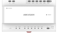 Two Wire Distributor 2-wire IP distributor 6-port 2-wire cascade interfaces without device power supply 2 cascade interfaces for DS-KAD704Y, DS-KAD706Y & DS-KAD706Y-S series 8 interface indicators, 1 RJ-45 Interface, 1 Reset button Din rail mounting, 24 VDC input power supply (DS-KAD706Y)