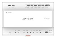 Two Wire Distributor 2-wire IP distributor 6-port 2-wire cascade interfaces without device power supply 2 cascade interfaces for DS-KAD704Y, DS-KAD706Y & DS-KAD706Y-S series 8 interface indicators, 1 RJ-45 Interface, 1 Reset button Din rail mounting, 24 VDC input power supply (DS-KAD706Y)