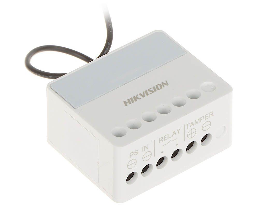 Modul releu AXPRO Hikvision DS-PM1-O1L-WE, 1 x NO/NC (0~36 V DC, Max 5 A), comunicare 868 MHz two-way wireless, criptare AES-128, distanta de comunicare RF: 1800m, in camp deschis, 1x buton invatare( pentru inregistrare), 3 x Led stare: Register/Signal (Green/Red), Power (Green), Relay Status (DS-PM1-O1L-WE)