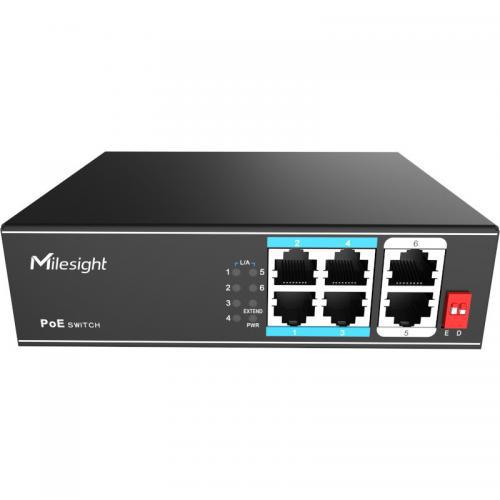 MILESIGHT TECHNOLOGY POE Switch Milesight 4 Porturi POE, Porturi: 4X10/100Mbps POE ports (RJ45) + 2X100Mbps uplink ports, Alimentare: AC 100~240V, 50-60Hz, 1A, Buget POE: max. 65W, max 30W per port, Temperatura de functionare:-20℃~ 55℃; IP30; Dimensiuni:142.5mm(W)X115mm(D)X40mm(H); Greutate: 0.500g (MS-S0204-EL)