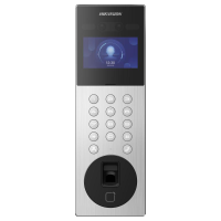 Videointerfon de exterior IP cu recunoastere faciala si amprenta digitala Hikvision DS-KD9203-MFE6, recunoaste pana la 5000 imagini faciale, 5000 amprente digitale, 50000 carduri,10000 utilizatori, deschidere faciala, amprenta si card, configurare remote via web, ecran 4.3-inch colorful LCD, camera (DS-KD9203-MFE6)