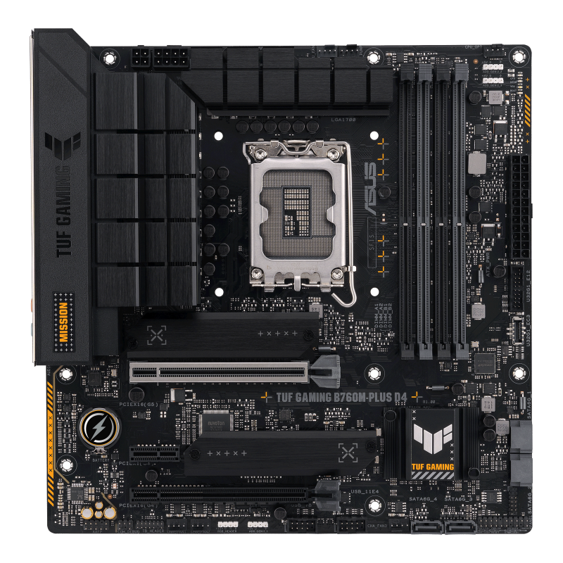 ASUS TUF GAMING B760M-PLUS D4. Processor manufacturer: Intel, Processor socket: LGA 1700, Compatible processor series: Intel® Celeron®, Intel® Core™ i3, Intel® Core™ i5, Intel® Core™ i7, Intel® Core™ i9,.... Supported memory types: DDR4-SDRAM, Maximum internal memory: 128 GB, Memory slots type (90MB1DI0-M1EAY0)