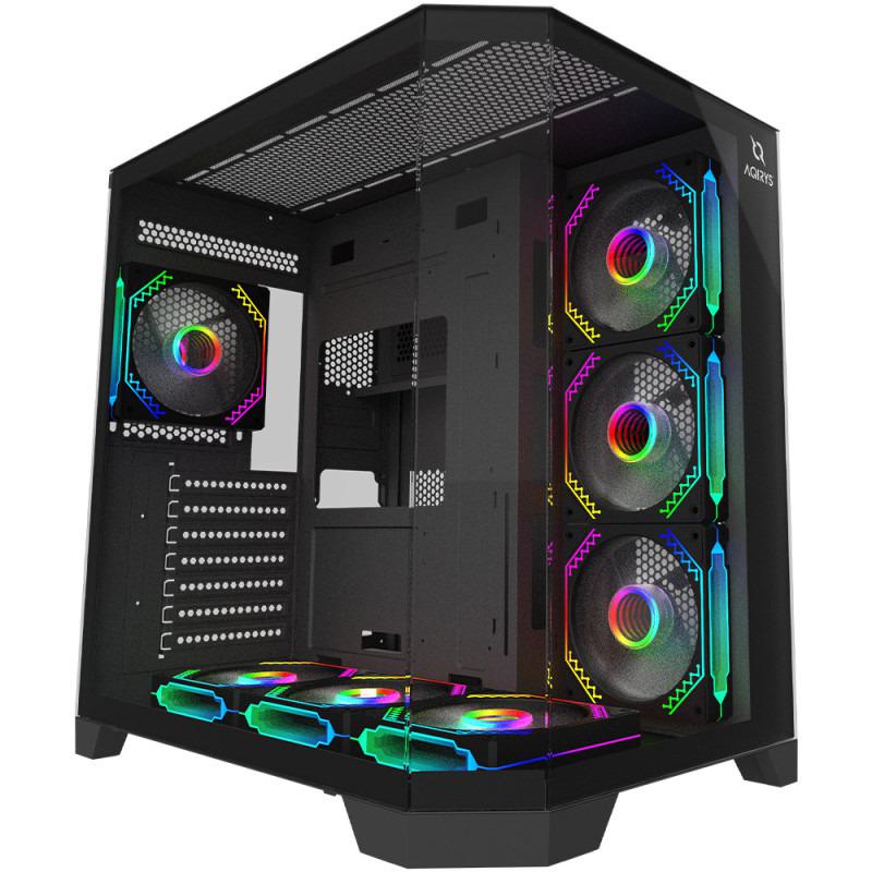 Carcasa AQIRYS Titan Mid Tower ARGB NEGRU, Tempered Glass, Sloturi Expansiune 7, Drive Bays: 1x3.5" 2x2.5", Ventilatoare Suportate: 10 (spate: 1x120mm, lateral: 3x120mm, sus: 3x120mm, jos: 3x120mm), Ventilatoare Incluse: 7 (spate: 1x120mm, lateral: 3x120mm, jos: 3x120mm reverse), Format Placa De (AQRYS_TITANBK)