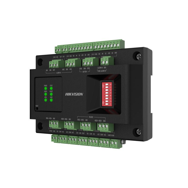 Chassis door control modul Hikvision DS-K2M002X-E: The chassis contains din rails, which helps installing the DS-K2M002X access module. The chassis can be equipped with up to 2 access modules. The chassis contains a 100 W switching power supply, which powering for 2 access modules, and can meet (DS-K2M002X-E)
