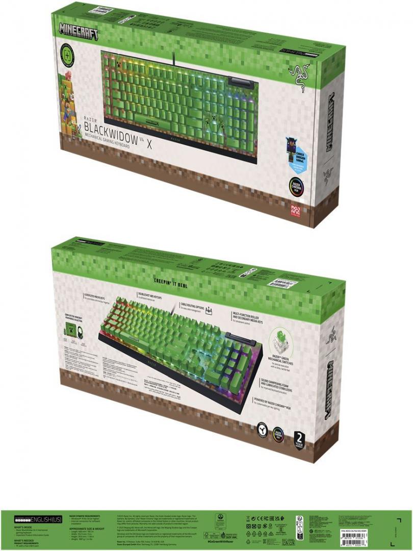 Tastatura mecanica gaming BlackWidow V4 X (Green Switch) - Minecraft Edition , layout US, taste ABS, layout US, cu 6 butoane customizabile, negru (RZ03-04704100-R3M1)